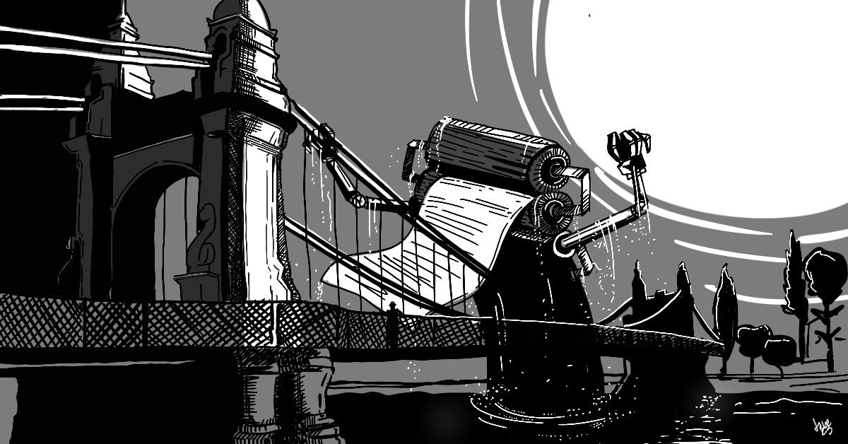 Illustrazione del ponte Hammersmith con Cobden e il mostro meccanico della stampa